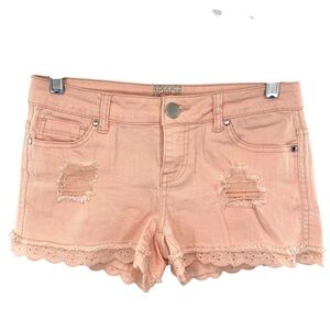 Gianni Bini GB Y2K Pink Denim Low Rise Shorts Scallop Eyelet Hem Distressed